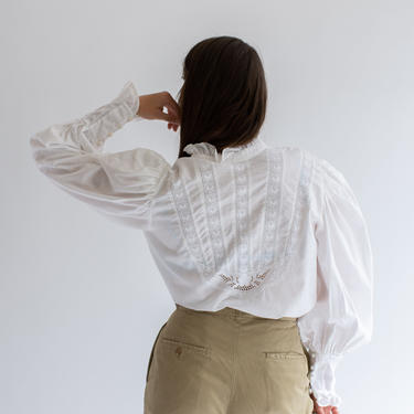 Vintage White Floral Eyelet Panel Poet Shirt | Folk Blouse | Cotton Puff Sleeve Top | Romantic | M L 
