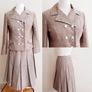 1960s Beige Cotton Skirt Suit Marshall Field / 60s Pleated Skirt Matching Double Breasted Blazer Pointy Collar / Med / Midge 