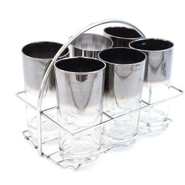 Gorgeous Mid-Century Chrome Ombre 7-Piece Barware Set || Mad Men Cocktail High-Ball Glasses + Caddy 
