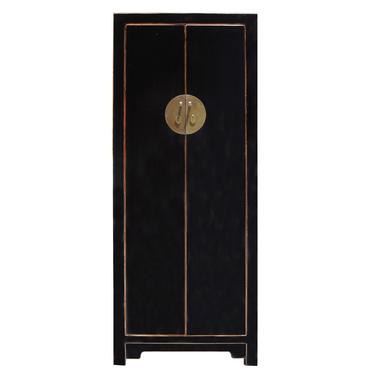 Chinese Oriental Distressed Black Lacquer Moonface Slim Storage Cabinet cs5155S