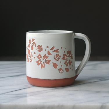 Sakura Cherry Blossom Flowers Farmhouse Mug - sgraffito carved pottery 