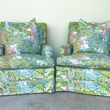 Pair of Palm and Pagoda Upholstered Chairs
