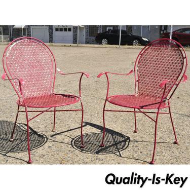 Pair of Wrought Iron Snowflake Design Red Patio Garden Dining Arm Chairs