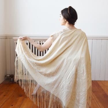 Large Antique Hand Embroidered Silk Piano Shawl | Vintage 1900s Ivory Silk Shawl 
