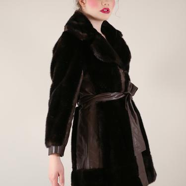 Vtg 60s Dark Chocolate Brown Faux Fur Mod Coat with Leather Panels / Retro Swing Coat / Medium 