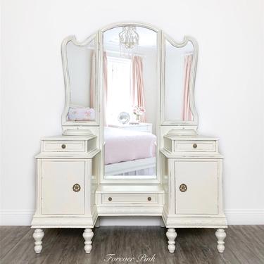 White Antique Vanity with Trifold Mirror 