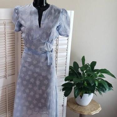 Vintage 1930s Gorgeous Sheer Blue Day Dress Puffy Sleeve  RARE 