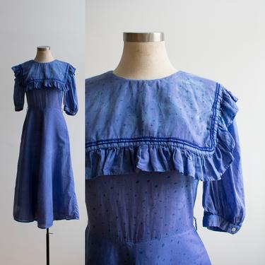 Vintage Cotton Dress / Cotton Polka Dot Dress / Vintage Sailor Dress / Indigo dyed Dress / Hand Dyed Sailor Dress / Ruffle Sailor Dress S 