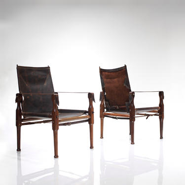 Mid Century Early Safari Chairs South African in Rosewood and Leather - A Pair 