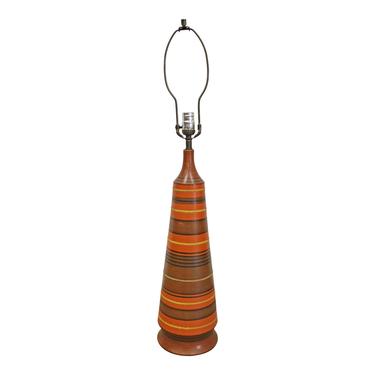 Mid-Century Modern Italian Tall Ceramic Cone Pottery Striped Orange Table Lamp 