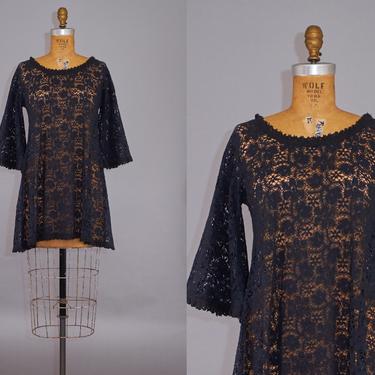 60s Mini Dress Sheer Black Lace Flared Sleeves 