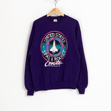 90s U.S. Space & Rocket Center Sweatshirt - Large | Vintage Purple NASA Space Shuttle Graphic Pullover 