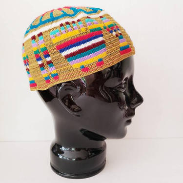 Vintage Berber Knit Beanie Hat Skull Cap Mustard Yellow / Multicolored North African Moroccan Stretch Hat / Ethnic Rainbow Colors/ Nella 