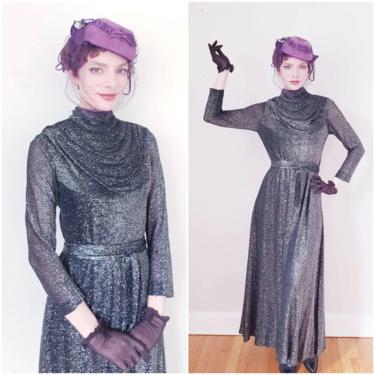 1970s Silver Glitter Lurex Evening Dress Cowl Neck Long Sleeves /70s Metallic Maxi Party Dress Black Gray / M / Procopia 