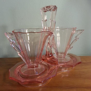 Art Deco Pink Depression Cream and Sugar Set with Stand 