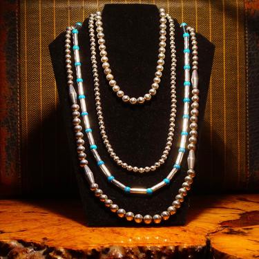 Vintage Navajo Turquoise Pearl Bench Barrel Bead Necklace, Sterling Silver Tube Beads, Blue Turquoise Spacers, Native American, 32 1/2&quot; L 