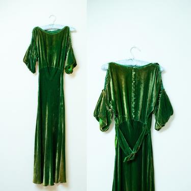 1930s Green Velvet Dress AS IS / 30s Cold Shoulder Gown 