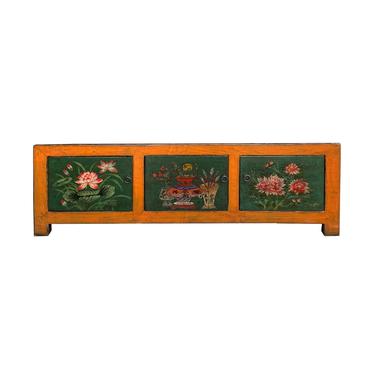 Chinese Vintage Orange Green Flowers Graphic Low TV Console Cabinet cs7188E 