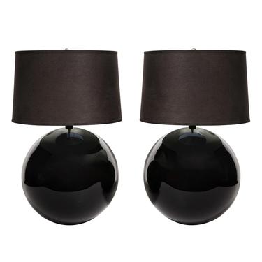 Seguso Attributed Pair of Large Black Glass Ball Lamps 1980s