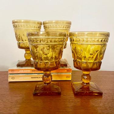 Set of 4- Vintage Indiana Glass Cocktail Goblet Glasses; Amber Faceted Pattern, MCM Barware 