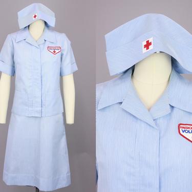 1960s Nurse Outfit | Vintage 60s American Red Cross Dress Set with Blouse & Hat | medium 