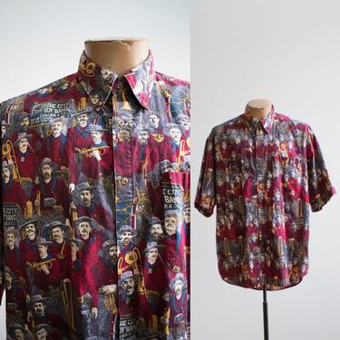 Vintage All Over Print Button Down / Dodge City Cowboy Band Scene Shirt / Vintage Soldier Print Shirt  / Mens Large Shirt / Early American 