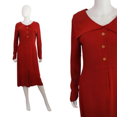1930s Red Rayon Day Dress with Bib Collar - 1930s Red Dress - 1930s Day Dress - 1930s Rayon Dress  - Mid 1930s Dress | Size Medium / Large 