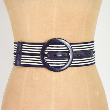 1980s Navy Striped Wide Belt | 80s Navy &amp; White Stripe Belt | Medium 