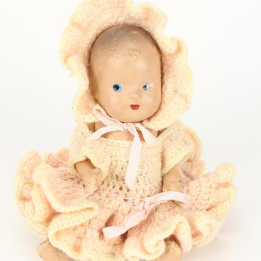 Small Composition Baby Girl Doll with Knit Dress and Bonnet, 6&amp;quot; 