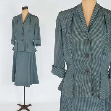 1950s Green Seersucker Suit | 50s Moss Green Skirt Set | Large 