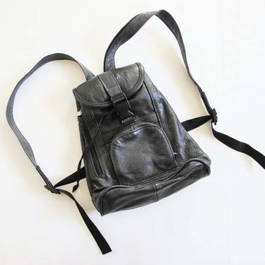 Vintage Black Leather Backpack - 90s Black Leather Mini Backpack - Small Leather Backpack Purse Rucksack - 90s y2k backpack purse 