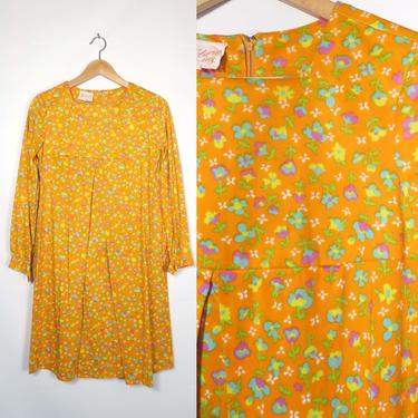 Vintage 60s Mod Flower Power Bright Orange Mini Dress Size M 