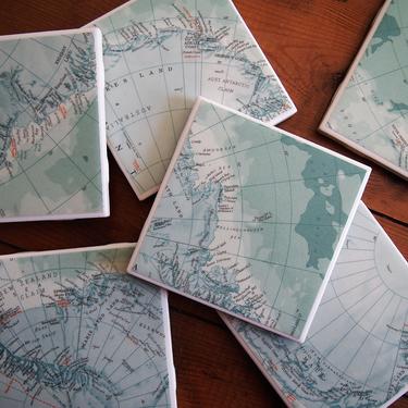 1963 Antarctica Vintage Map Coasters Set of 6 - Ceramic Tile - Repurposed 1960s Reader's Digest Atlas - Handmade - South Pole 