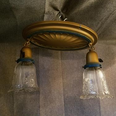 Vintage 2 Bulb Pressed Brass Flush Mount Pan Light H9 x W15 x D7
