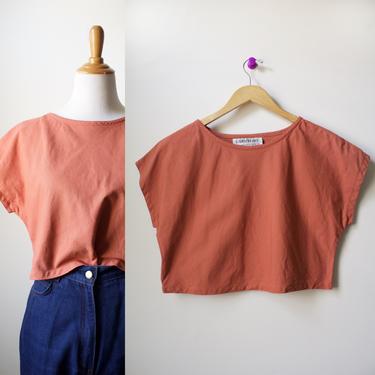 Vintage 80s Orange Short Sleeve Cotton Crop Top Small/Medium 