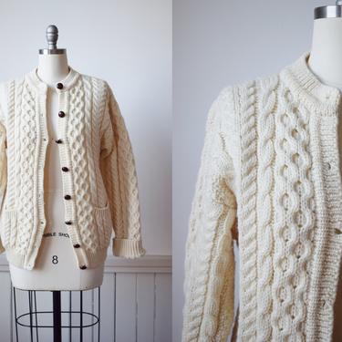 Vintage Irish Wool Cable Knit Cardigan | S | 1970s/1980s Natural Irish Wool Sweater with Pockets | Fishermans Sweater 