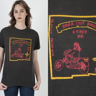 Vintage Gypsy MC T Shirt / 1989 Black River Boar Roast / Mens Hog Motorcycle Biker T Shirt / Thin Black 50 50 Single Stitch Shirt 