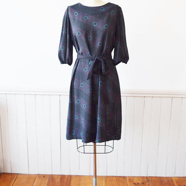 Chiffon Tie Waist Dress in Dark Geo Print | Vintage 1970s Dress |  M/L 