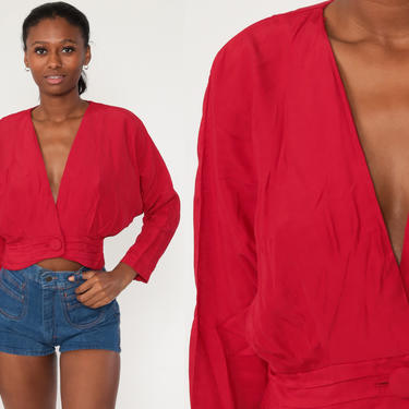 90s Crop Top WRAP Shirt Red Blouse Long Dolman Sleeve Top Vintage Deep V Neck Shirt Plain Oversized Medium 