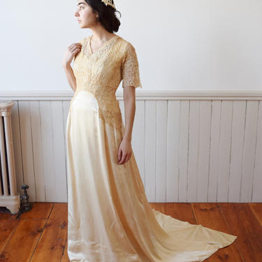 Antique Silk Satin and Lace Edwardian Wedding Gown | 1910s | XS 