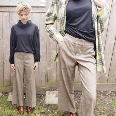 Vintage Escada Wool Pants Wide Legged / Y2K Era Designer Beige Light Brown Tweed Slacks Flat Front / Large / Edwina 