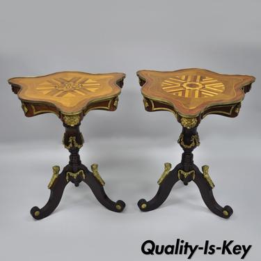 Louis XV French Style Repro Marquetry Inlay Side Tables Bronze Figures - A Pair