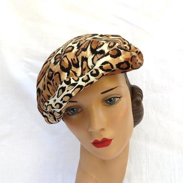 Vintage 1960's Satin Leopard Print Beret Hat Mod Amy New York 60's Millinery 