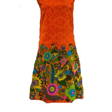 60s Festive Summer Orange Shift Dress with Floral Border