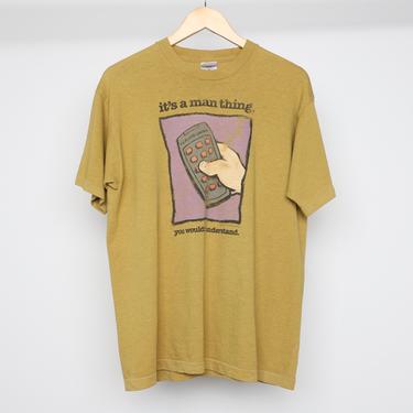 vintage men's 1990s y2k oversize heather GOLD yellow remote control cartoon tv joke shirt -- size large 