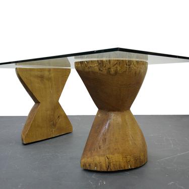 Pair of Raw Live Edge Wood Hourglass Dining Table Pedestals 