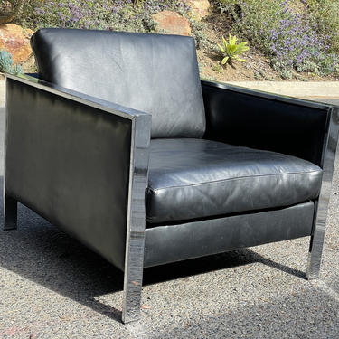 Milo Baughman Black Leather and Chrome Cube Chair 
