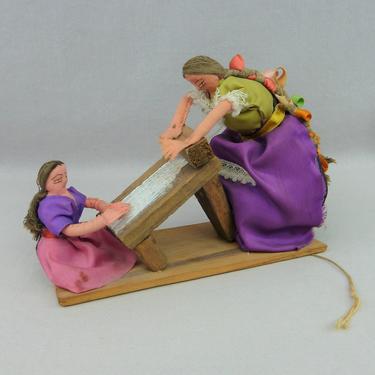 Vintage Pull Toy of Two Woman Washing Laundry - Handmade Folk Art Washerwoman Dolls and Wooden Pieces 