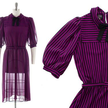 Vintage 1980s Dress | 80s Striped Purple Black Secretary Beetlejuice Puff Sleeve Fit and Flare Dress (medium) 