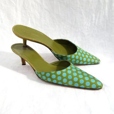 Vintage 1990's Kate Spade Blue Green Polkadot Mules Kitten Heels Pointed Toes/Size 8.5M US 
